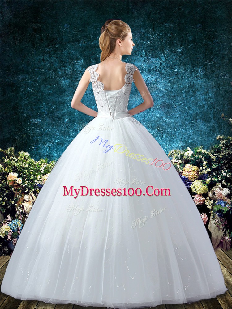 Spectacular White Ball Gowns Lace and Hand Made Flower Wedding Gowns Lace Up Tulle Sleeveless Floor Length
