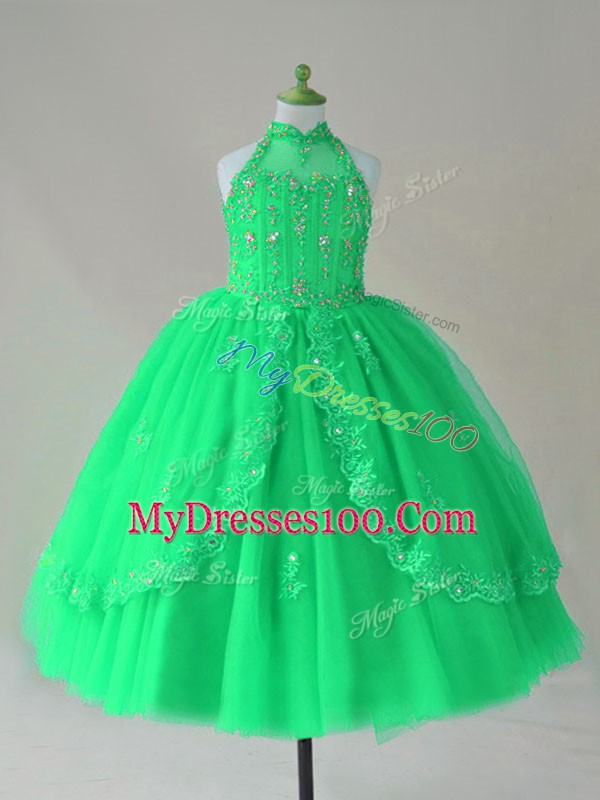 Cute Tulle High-neck Sleeveless Lace Up Beading and Appliques Pageant Dress Toddler in Turquoise