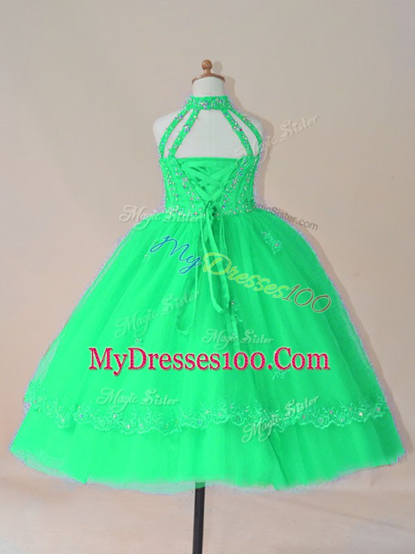 Cute Tulle High-neck Sleeveless Lace Up Beading and Appliques Pageant Dress Toddler in Turquoise