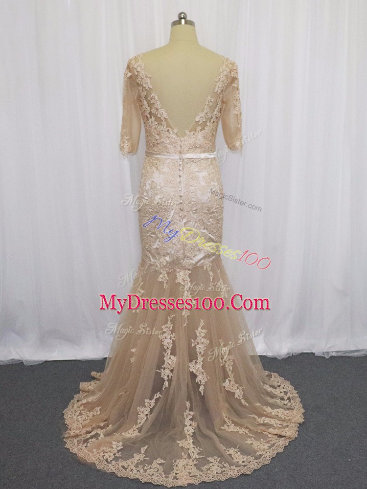 Luxurious Champagne Scoop Backless Lace and Appliques Dress for Prom Brush Train Half Sleeves