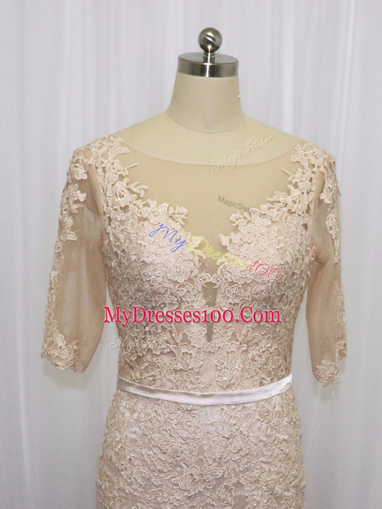 Luxurious Champagne Scoop Backless Lace and Appliques Dress for Prom Brush Train Half Sleeves