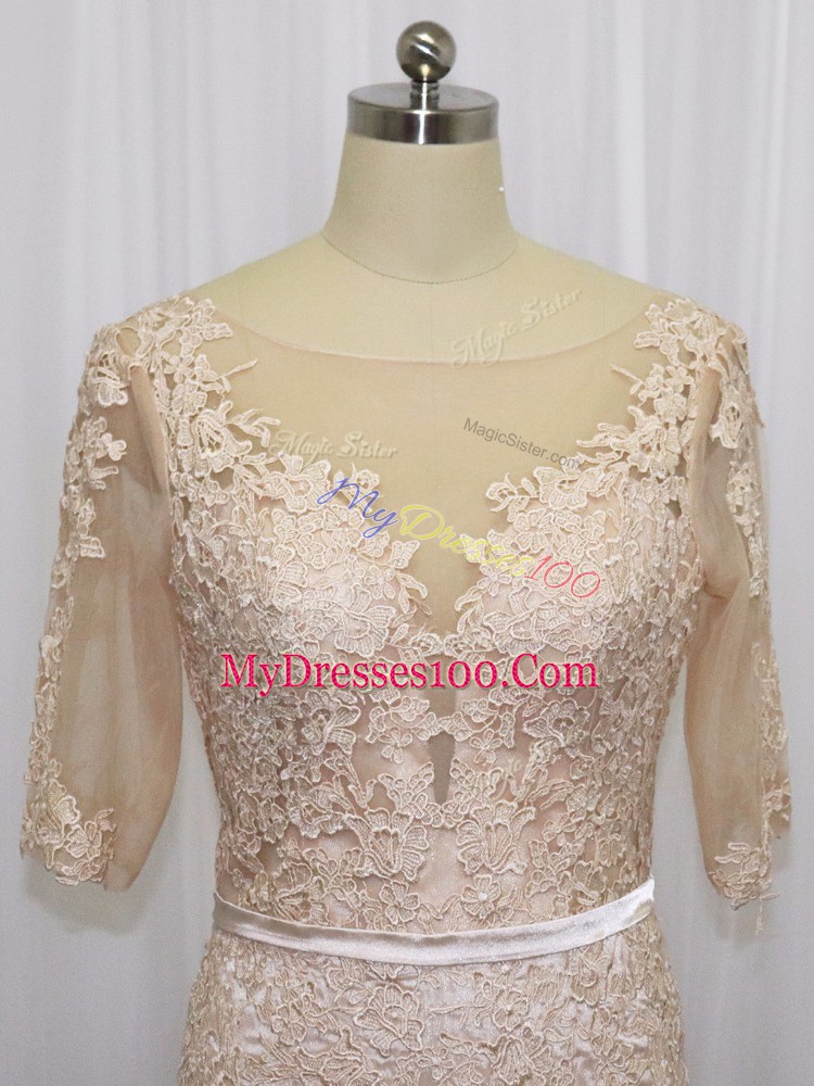 Luxurious Champagne Scoop Backless Lace and Appliques Dress for Prom Brush Train Half Sleeves