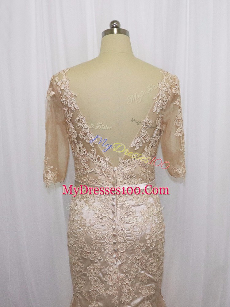 Luxurious Champagne Scoop Backless Lace and Appliques Dress for Prom Brush Train Half Sleeves
