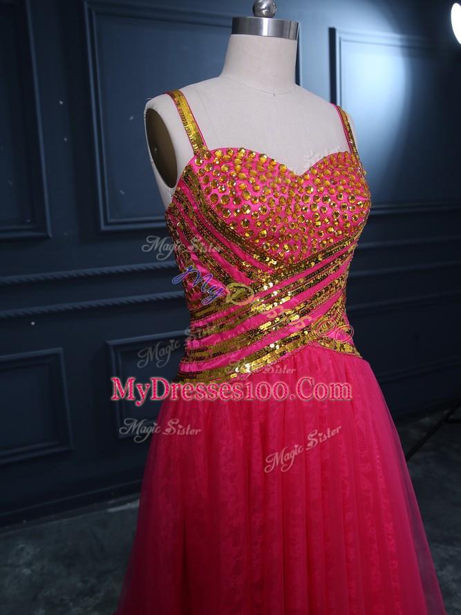 Exceptional Straps Sleeveless Tulle Beading and Lace and Sequins Zipper