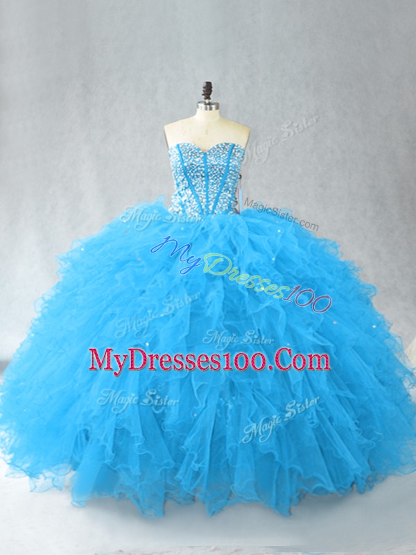 Floor Length Baby Blue Quinceanera Gowns Tulle Sleeveless Beading and Ruffles