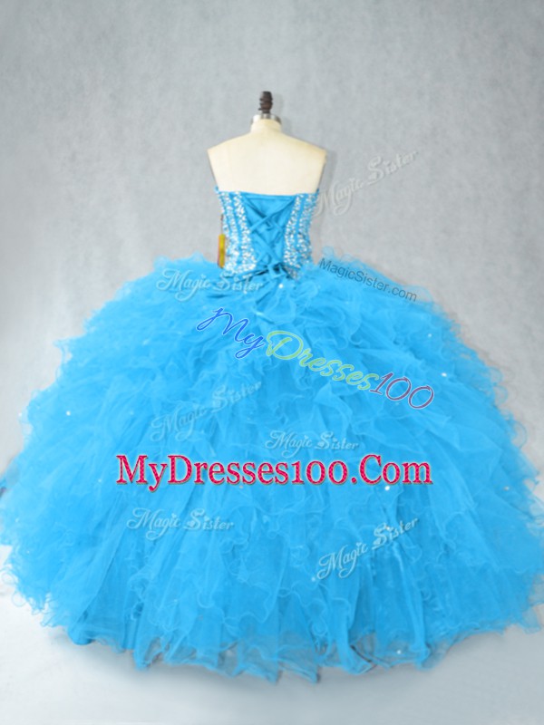 Floor Length Baby Blue Quinceanera Gowns Tulle Sleeveless Beading and Ruffles