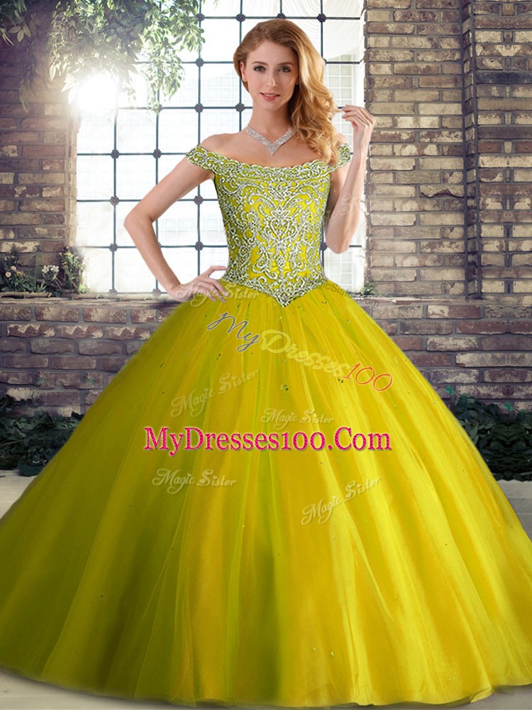 Simple Yellow Green Lace Up 15 Quinceanera Dress Beading Sleeveless Brush Train
