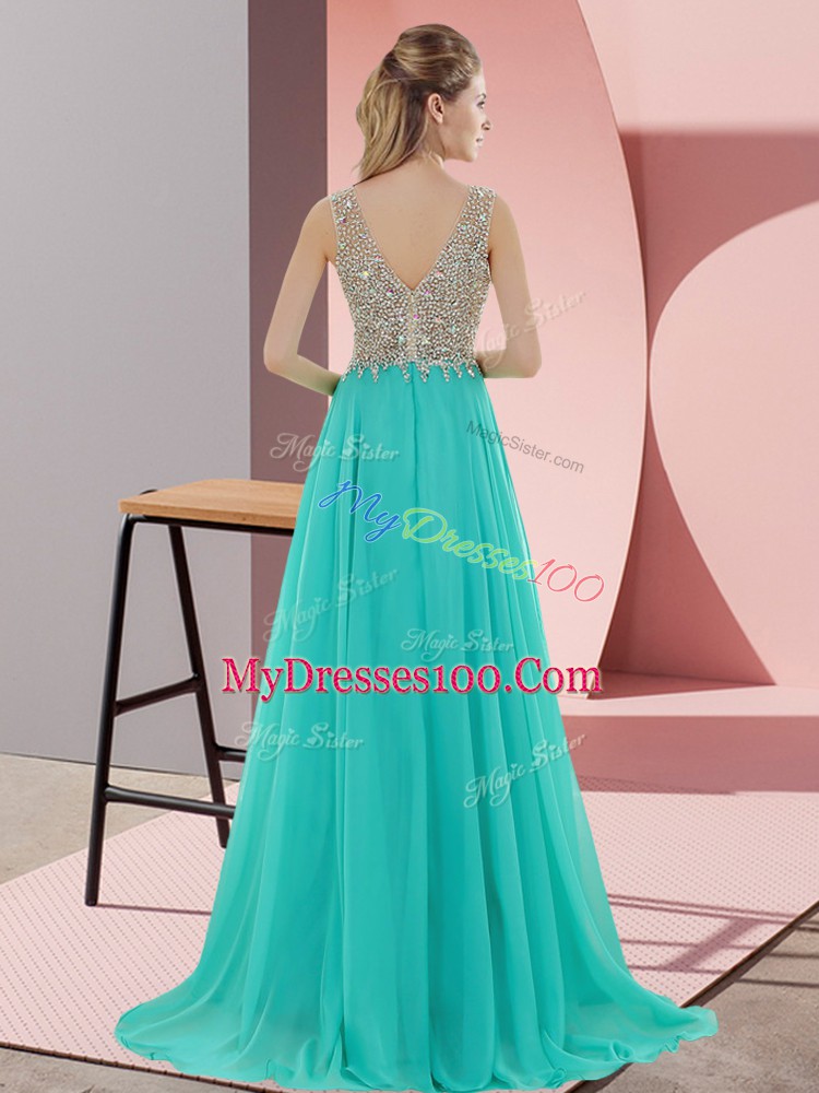 Low Price Beading Prom Dress Zipper Sleeveless Sweep Train