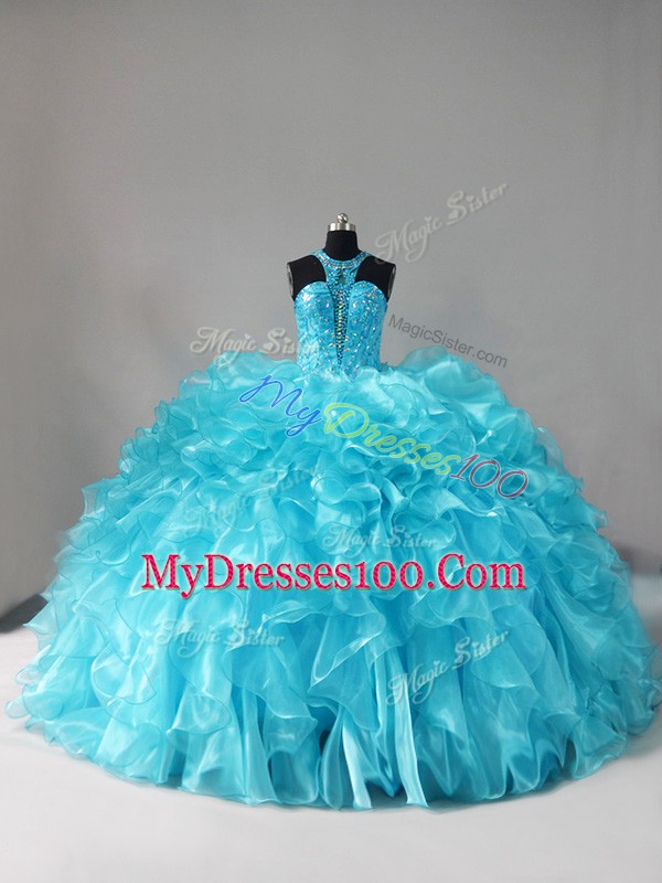 Artistic Aqua Blue Halter Top Neckline Beading and Ruffles Quince Ball Gowns Sleeveless Lace Up