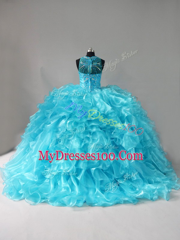 Artistic Aqua Blue Halter Top Neckline Beading and Ruffles Quince Ball Gowns Sleeveless Lace Up