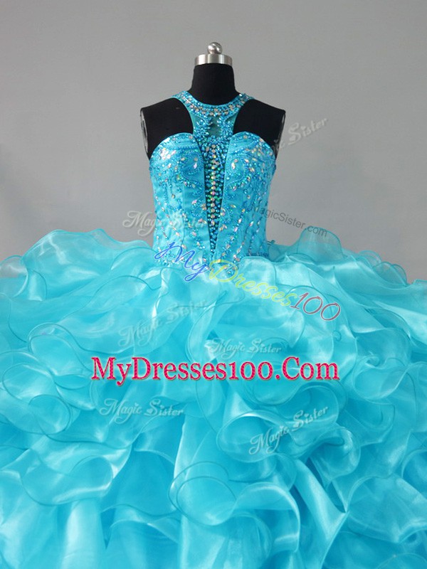 Artistic Aqua Blue Halter Top Neckline Beading and Ruffles Quince Ball Gowns Sleeveless Lace Up