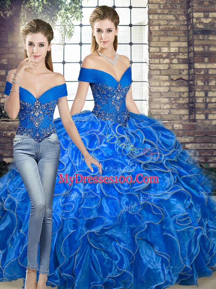 Royal Blue Sleeveless Floor Length Beading and Ruffles Lace Up Quinceanera Gowns