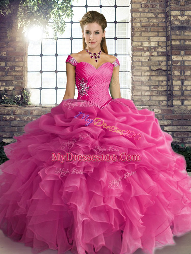 Sleeveless Floor Length Beading and Ruffles and Pick Ups Lace Up Vestidos de Quinceanera with Hot Pink