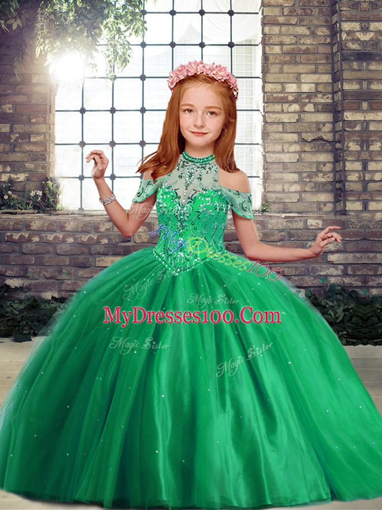 Amazing High-neck Sleeveless Lace Up Girls Pageant Dresses Green Tulle