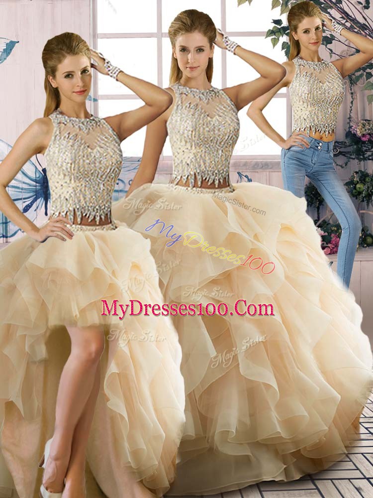 New Style Scoop Sleeveless Quinceanera Dresses Floor Length Beading and Ruffles Champagne Organza
