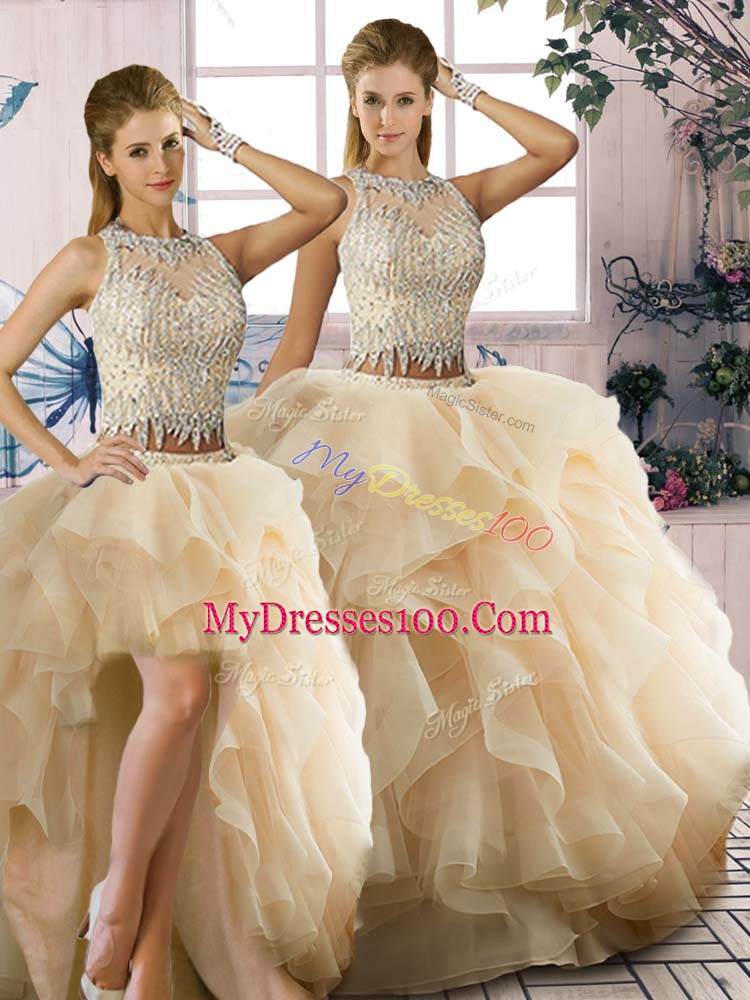 New Style Scoop Sleeveless Quinceanera Dresses Floor Length Beading and Ruffles Champagne Organza