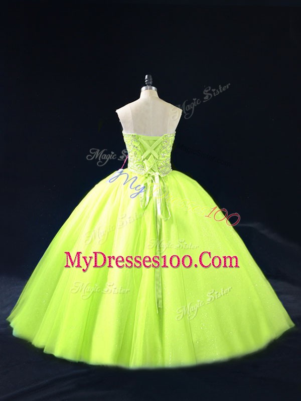 Romantic Sweetheart Sleeveless Lace Up Quinceanera Gowns Yellow Green Tulle