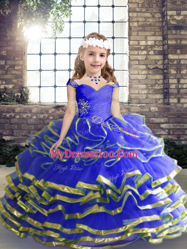 Custom Fit Floor Length Blue Kids Pageant Dress Sweetheart Sleeveless Lace Up