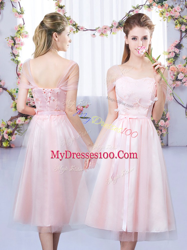 Baby Pink Lace Up Quinceanera Court Dresses Lace and Belt Short Sleeves Tea Length