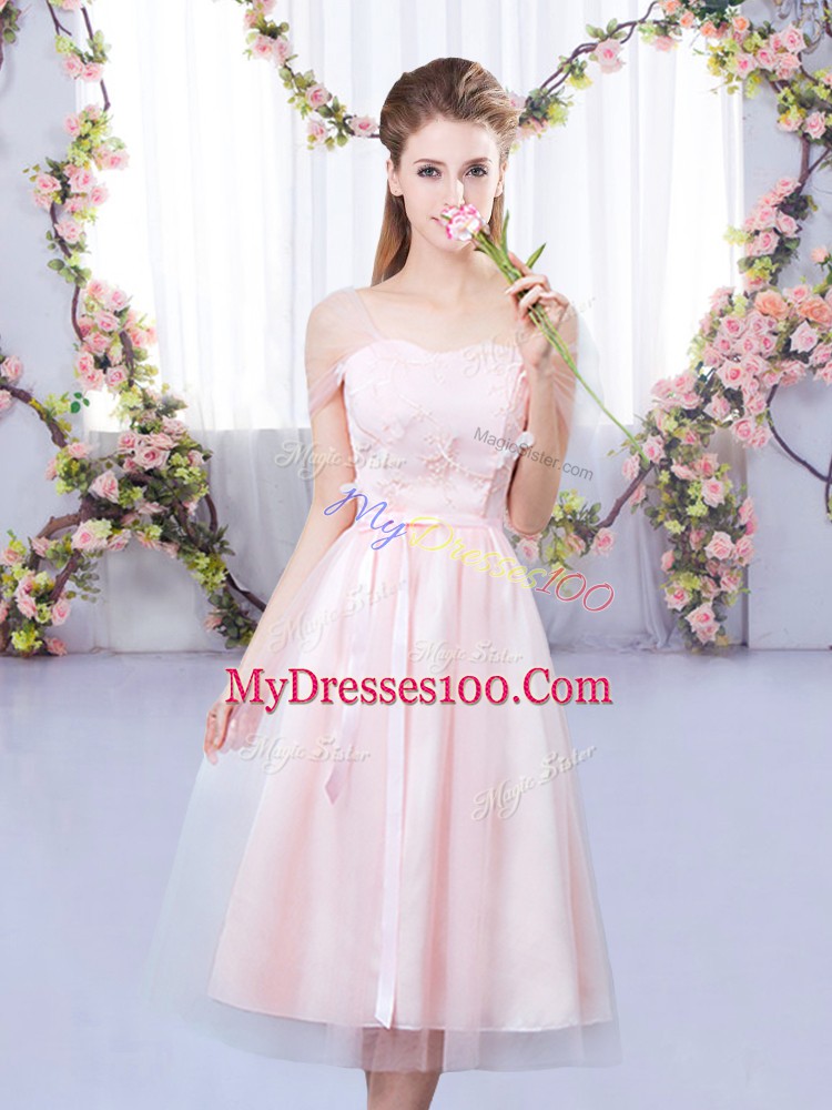 Baby Pink Lace Up Quinceanera Court Dresses Lace and Belt Short Sleeves Tea Length