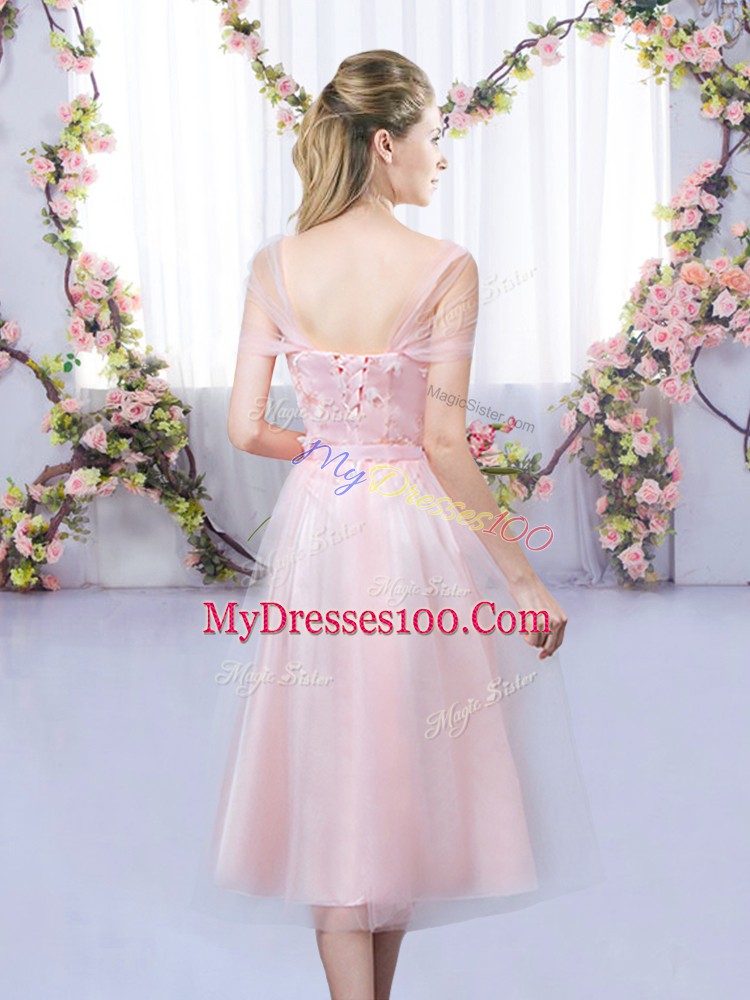 Baby Pink Lace Up Quinceanera Court Dresses Lace and Belt Short Sleeves Tea Length