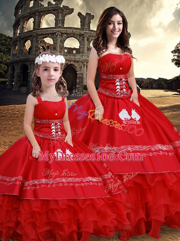 Sleeveless Satin Floor Length Lace Up Quinceanera Gown in Red with Embroidery and Ruffles