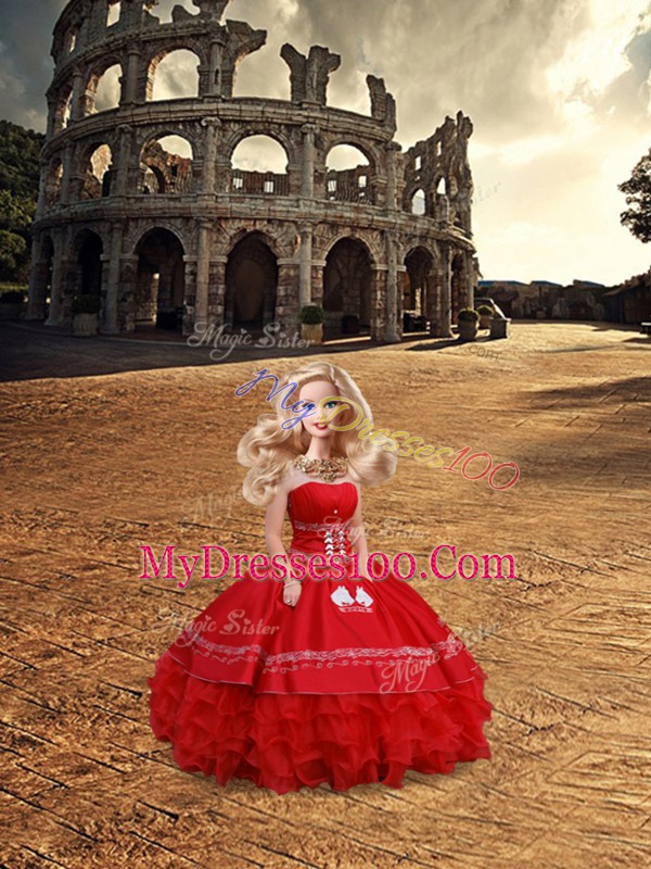 Sleeveless Satin Floor Length Lace Up Quinceanera Gown in Red with Embroidery and Ruffles