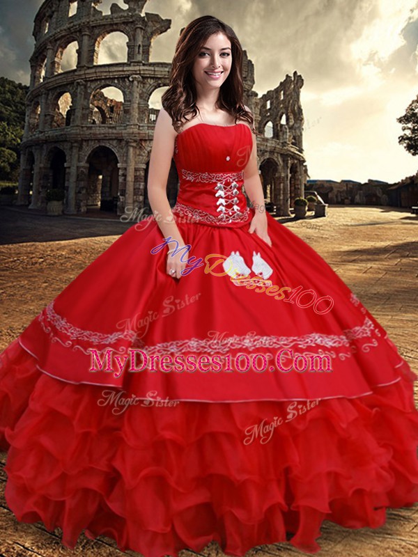 Sleeveless Satin Floor Length Lace Up Quinceanera Gown in Red with Embroidery and Ruffles