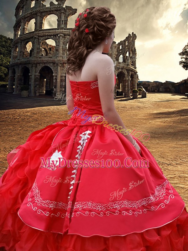 Sleeveless Satin Floor Length Lace Up Quinceanera Gown in Red with Embroidery and Ruffles
