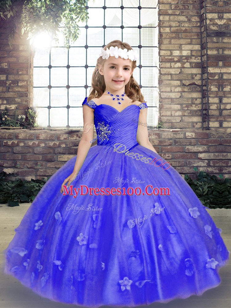 Blue Straps Lace Up Beading and Hand Made Flower Little Girls Pageant Dress Sleeveless