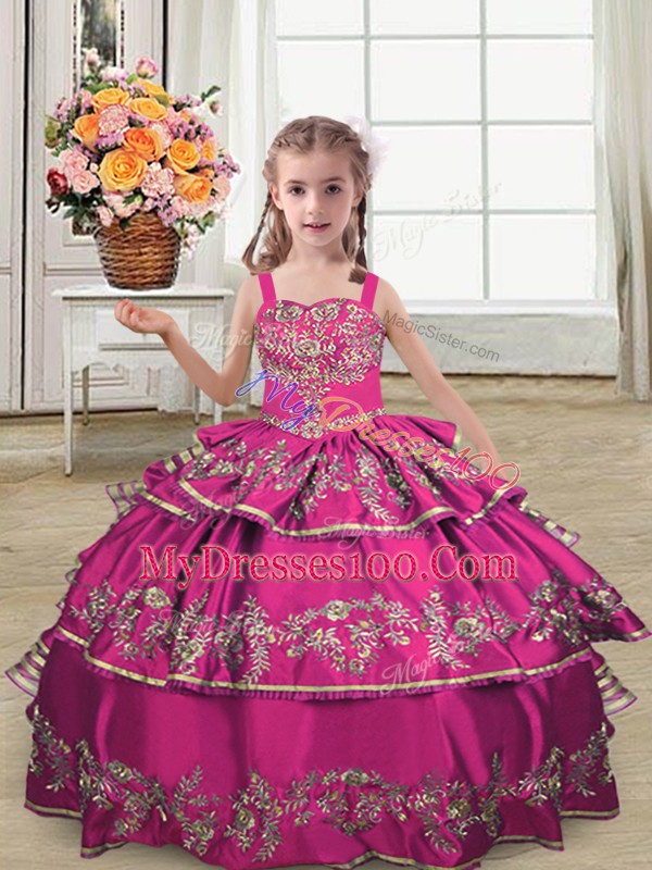 Sleeveless Floor Length Embroidery and Ruffled Layers Lace Up Pageant Dresses with Fuchsia