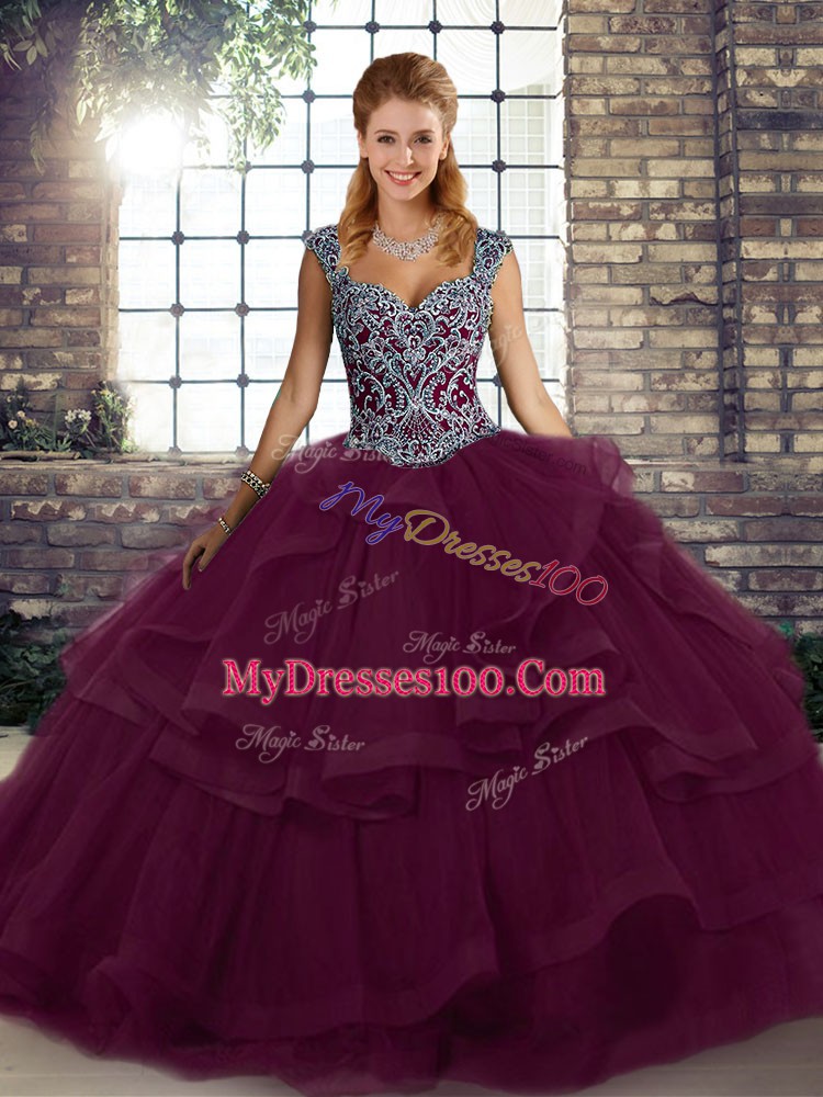 Suitable Floor Length Dark Purple Ball Gown Prom Dress Tulle Sleeveless Beading and Ruffles