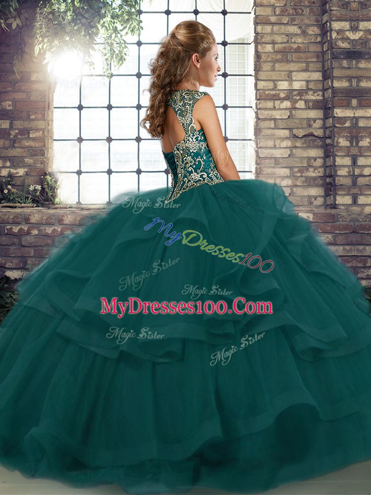 Suitable Floor Length Dark Purple Ball Gown Prom Dress Tulle Sleeveless Beading and Ruffles