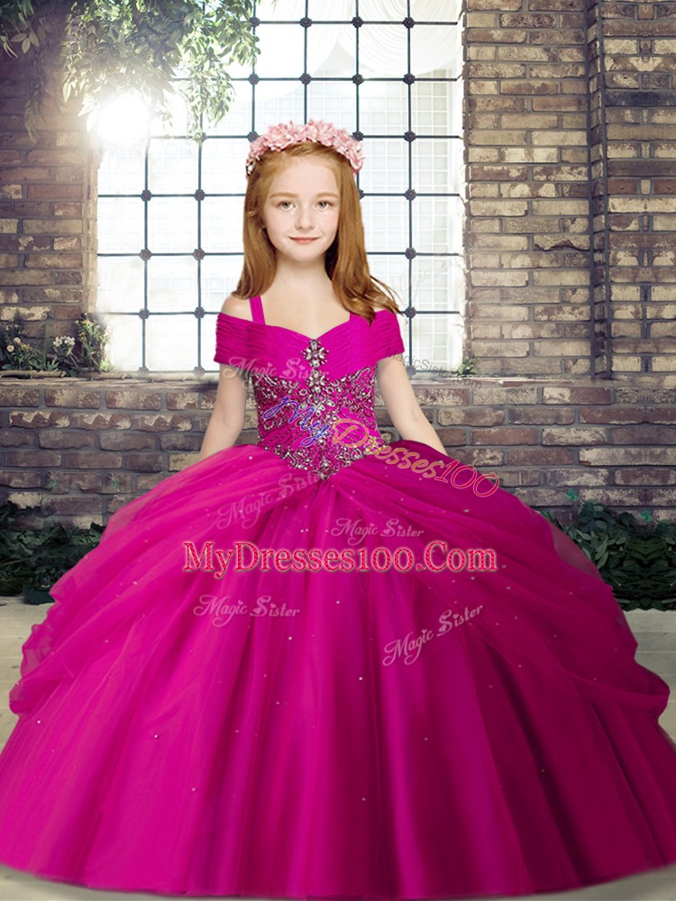 Fuchsia Ball Gowns Straps Sleeveless Tulle Floor Length Lace Up Beading Pageant Dress Toddler