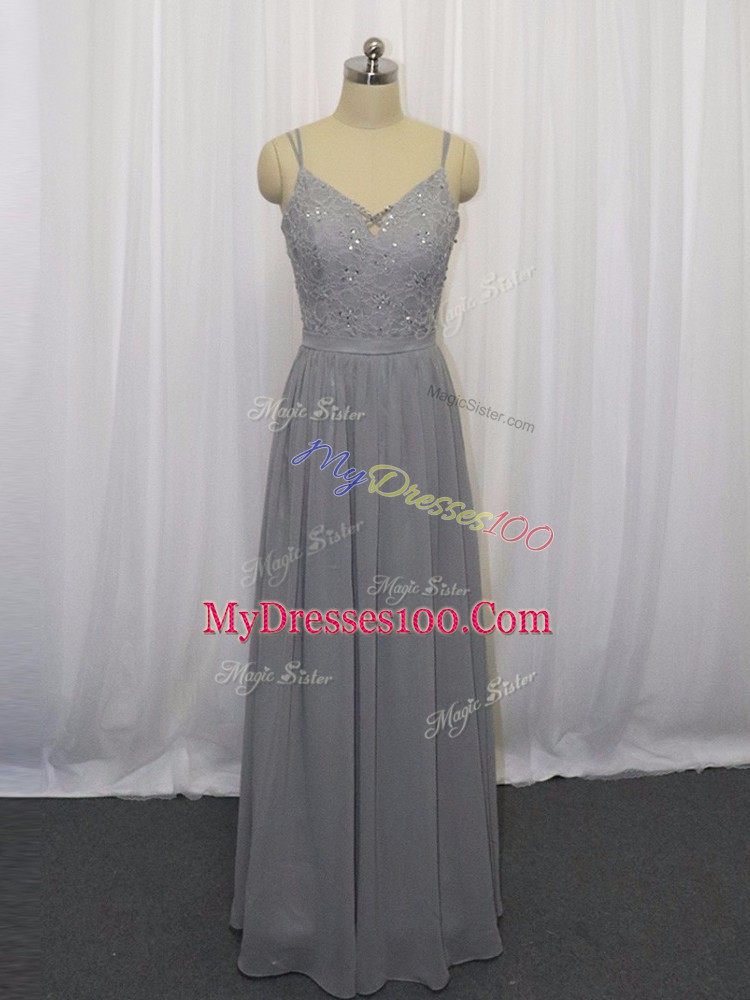 Noble Grey Straps Zipper Beading and Lace Prom Dresses Sleeveless