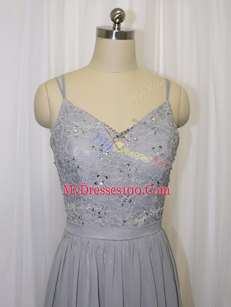 Noble Grey Straps Zipper Beading and Lace Prom Dresses Sleeveless