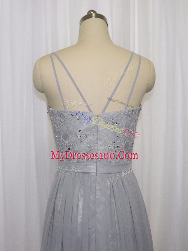 Noble Grey Straps Zipper Beading and Lace Prom Dresses Sleeveless