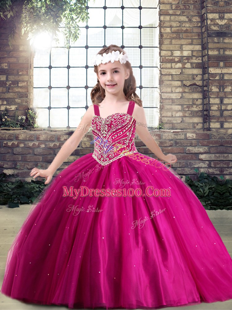 Floor Length Fuchsia Girls Pageant Dresses Straps Sleeveless Lace Up