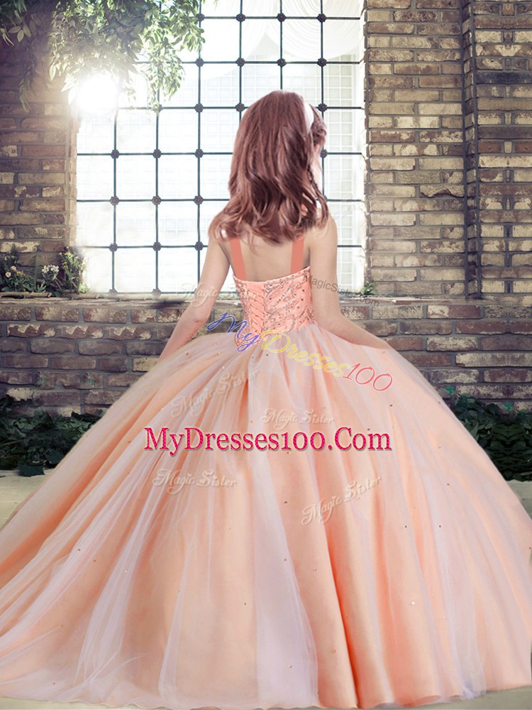 Floor Length Fuchsia Girls Pageant Dresses Straps Sleeveless Lace Up