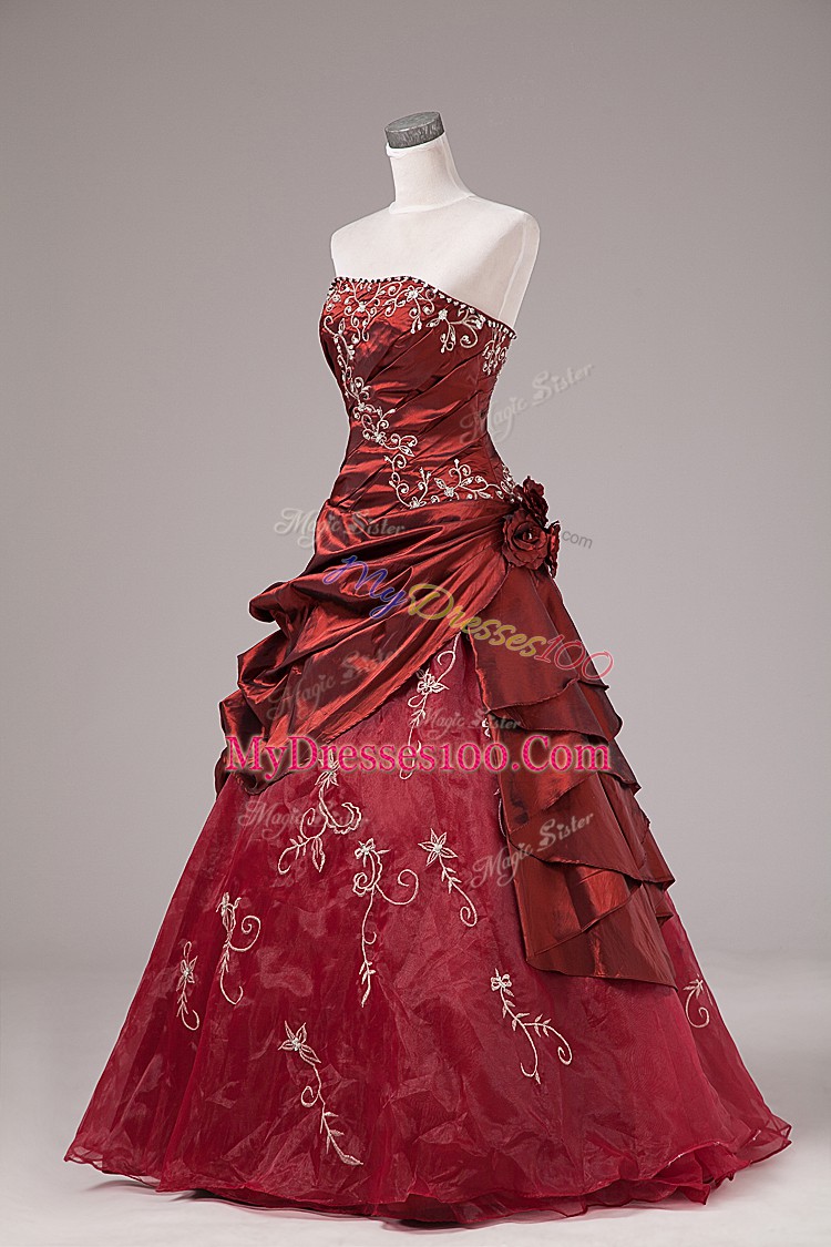Custom Fit Floor Length Burgundy 15 Quinceanera Dress Organza and Taffeta Sleeveless Beading and Embroidery