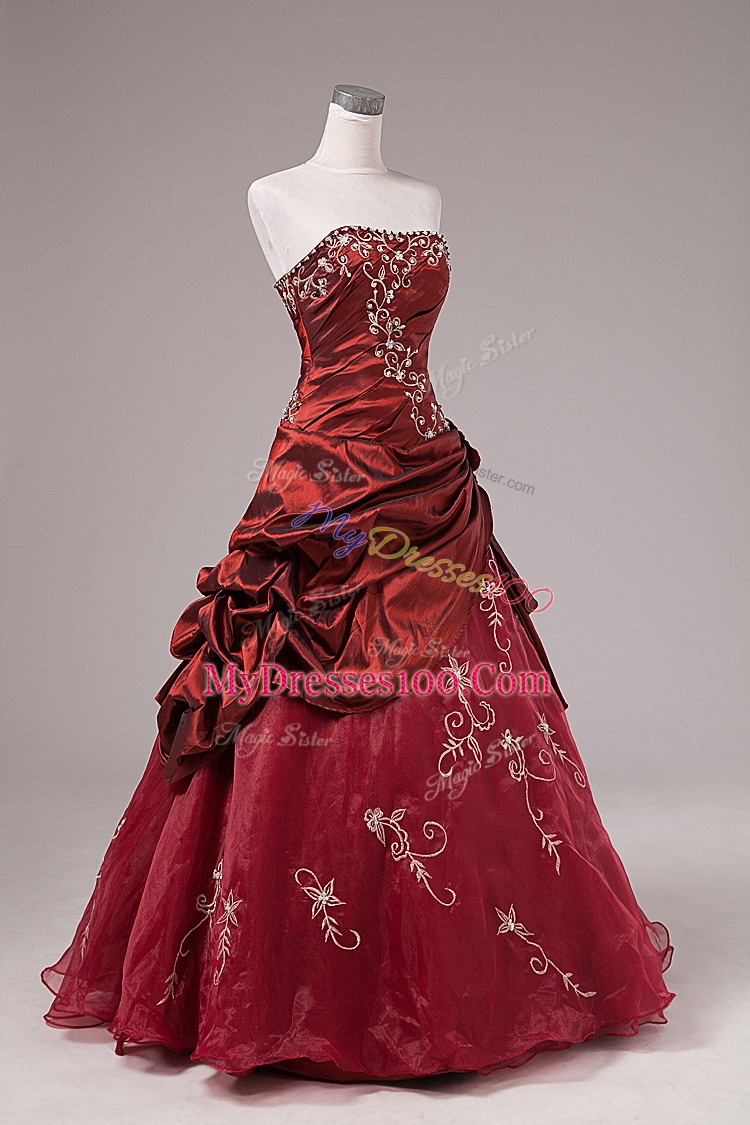 Custom Fit Floor Length Burgundy 15 Quinceanera Dress Organza and Taffeta Sleeveless Beading and Embroidery