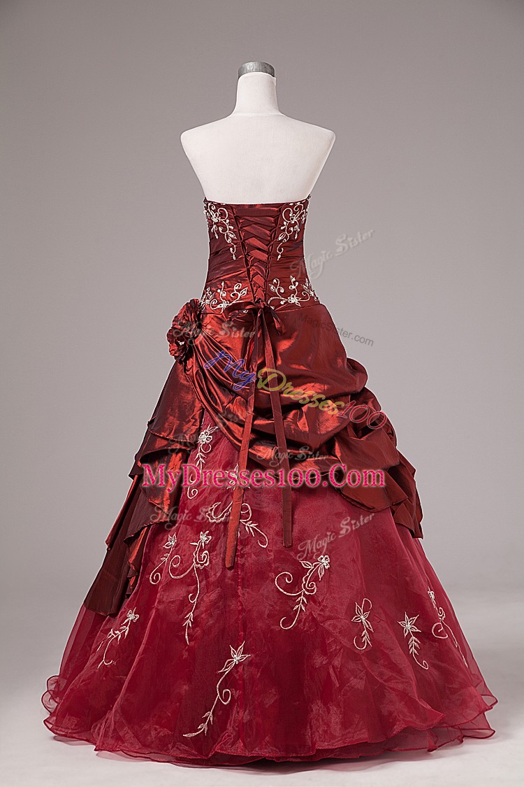 Custom Fit Floor Length Burgundy 15 Quinceanera Dress Organza and Taffeta Sleeveless Beading and Embroidery