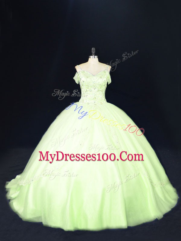 Best Selling Yellow Green Tulle Lace Up 15 Quinceanera Dress Sleeveless Court Train Beading