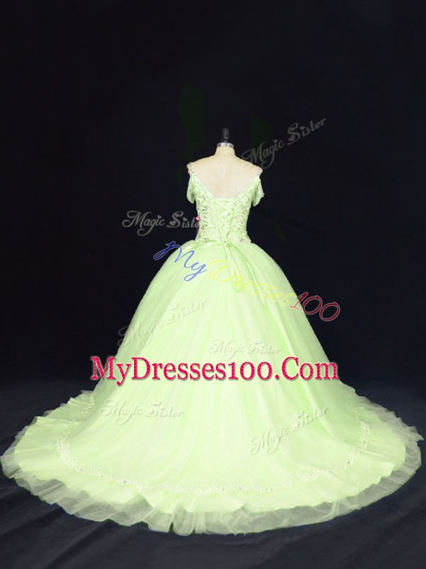 Best Selling Yellow Green Tulle Lace Up 15 Quinceanera Dress Sleeveless Court Train Beading