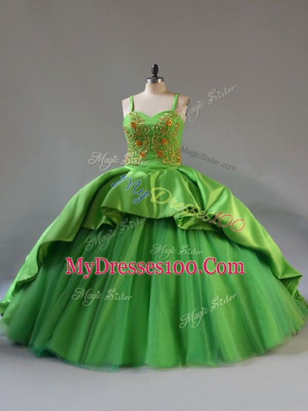 Green Satin and Tulle Lace Up 15th Birthday Dress Sleeveless Court Train Beading and Embroidery and Pick Ups