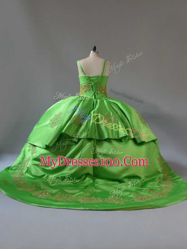 Green Satin and Tulle Lace Up 15th Birthday Dress Sleeveless Court Train Beading and Embroidery and Pick Ups