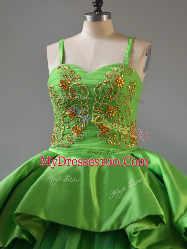Green Satin and Tulle Lace Up 15th Birthday Dress Sleeveless Court Train Beading and Embroidery and Pick Ups