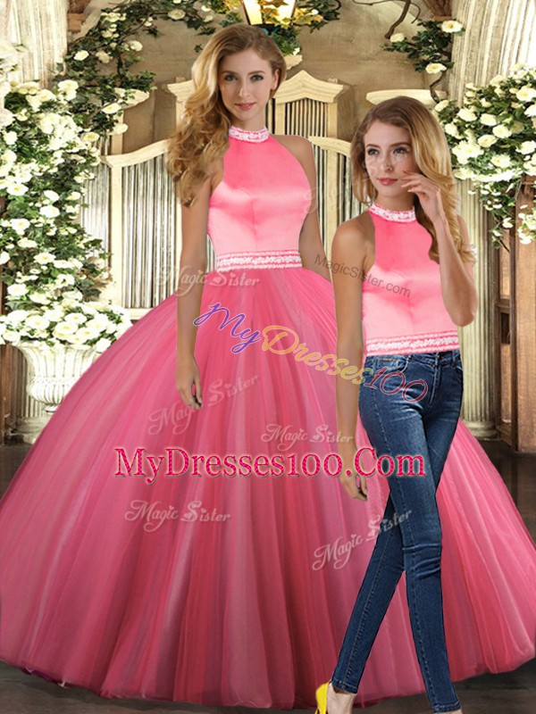 Spectacular Halter Top Sleeveless Quinceanera Gowns Floor Length Beading Coral Red Tulle