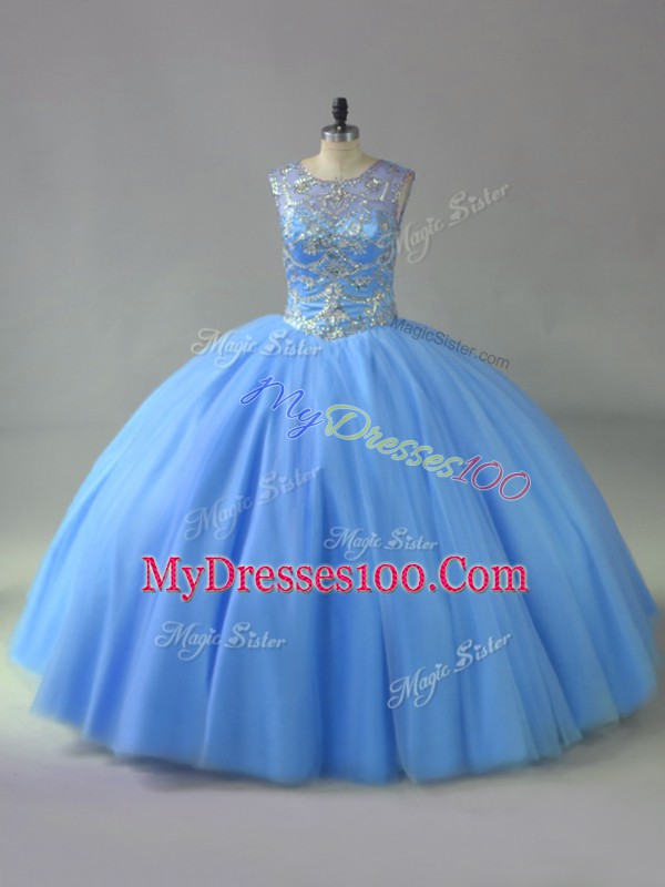 Custom Designed Blue Ball Gowns Beading Quince Ball Gowns Lace Up Tulle Sleeveless Floor Length