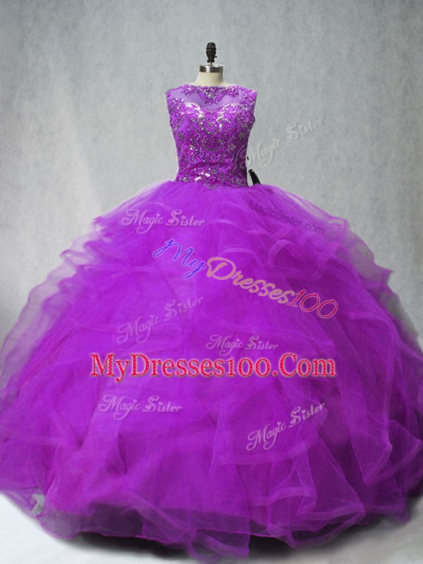 Classical Lace Up Quinceanera Dresses Purple for Sweet 16 and Quinceanera with Beading and Ruffles Brush Train